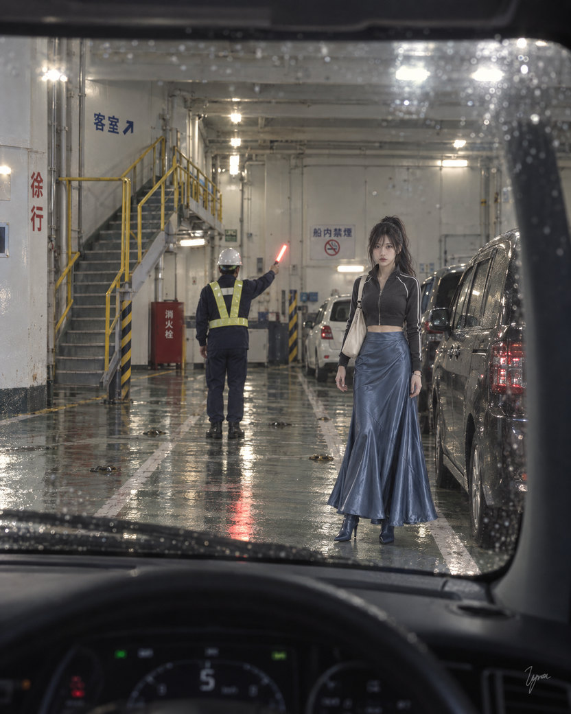 Through the rain-spotted windshield of a car driving onto the ferry, the steering wheel and dashboard in the foreground. A deck hand in a reflective vest points a red light baton, and the young woman in the blue skirt stands beside the parked cars, looking straight at the driver.