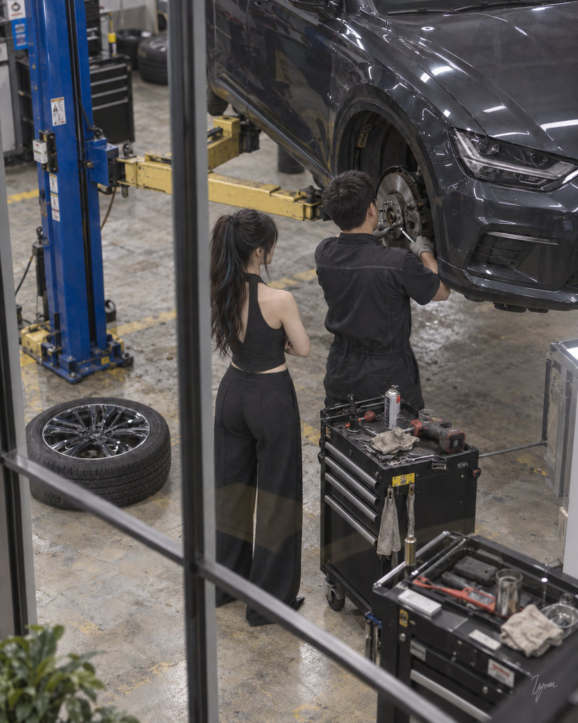 Looking down through a high window divided by dark frames into the repair bay. Below, the dark car hangs on a blue lift; the mechanic works at its front wheel while the woman in dark clothes stands close behind him, arms folded, her ponytail falling down her open-backed waistcoat. Around them: yellow lift arms, a spare wheel lying on the floor, and two black tool carts cluttered with tools, rags and a spray can.